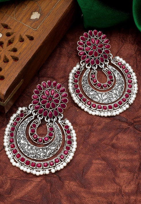 Red Stone Studded Oxidised Chandbali Earrings 25g